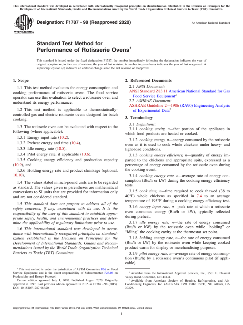 ASTM F1787-98(2020) - Standard Test Method for  Performance of Rotisserie Ovens