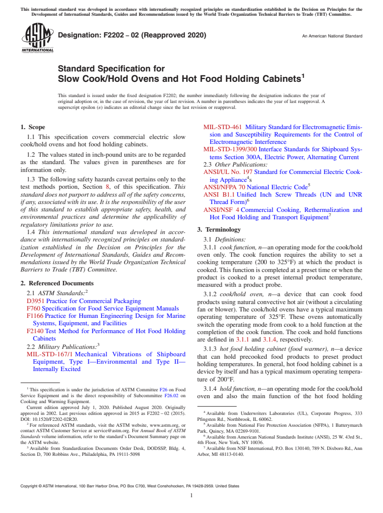 ASTM F2202-02(2020) - Standard Specification for Slow Cook/Hold Ovens and Hot Food Holding Cabinets