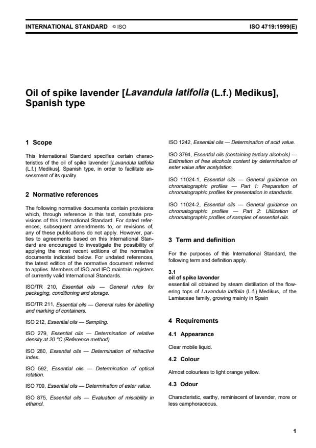 ISO 4719:1999 - Oil of spike lavender (Lavandula latifolia (L.f.) Medikus), Spanish type