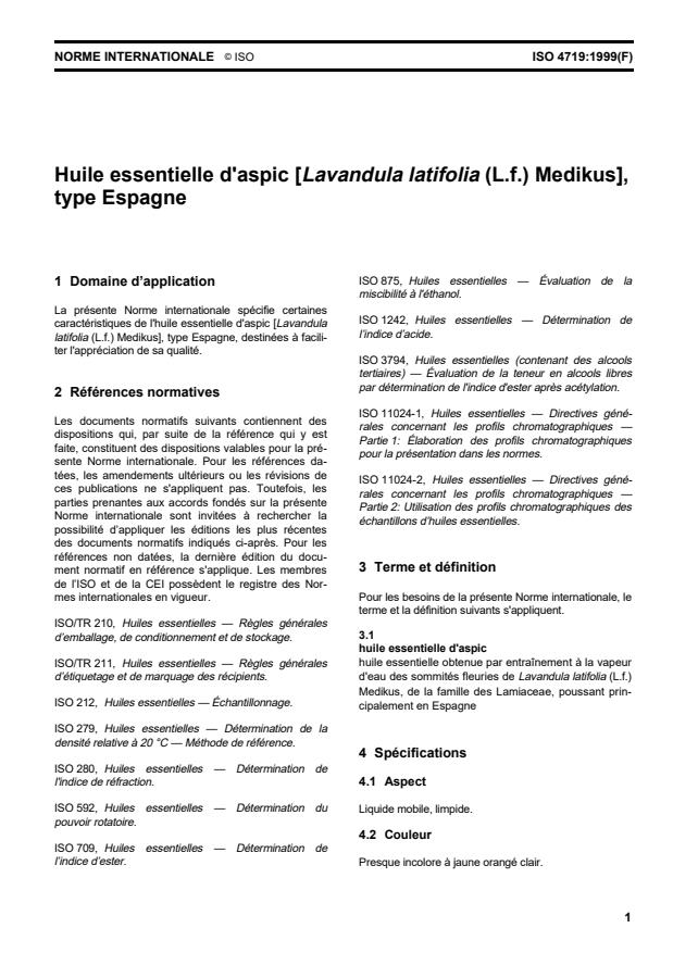 ISO 4719:1999 - Huile essentielle d'aspic (Lavandula latifolia (L.f.) Medikus), type Espagne