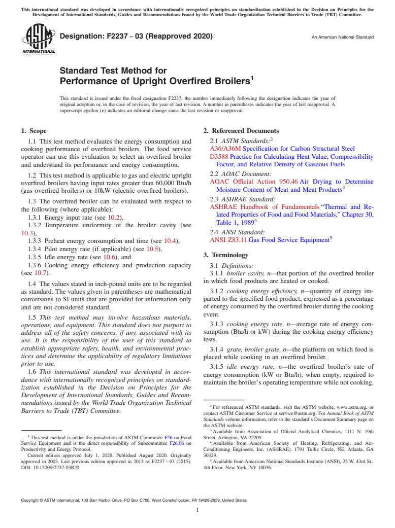 ASTM F2237-03(2020) - Standard Test Method for Performance of Upright Overfired Broilers