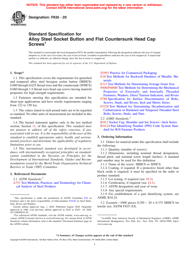 ASTM F835-20 - Standard Specification for  Alloy Steel Socket Button and Flat Countersunk Head Cap Screws