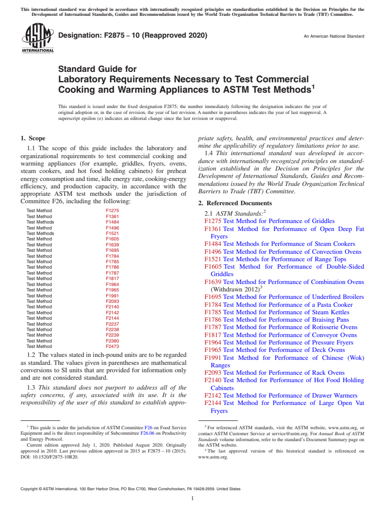 ASTM F2875-10(2020) - Standard Guide for Laboratory Requirements Necessary to Test Commercial Cooking  and Warming Appliances to ASTM Test Methods