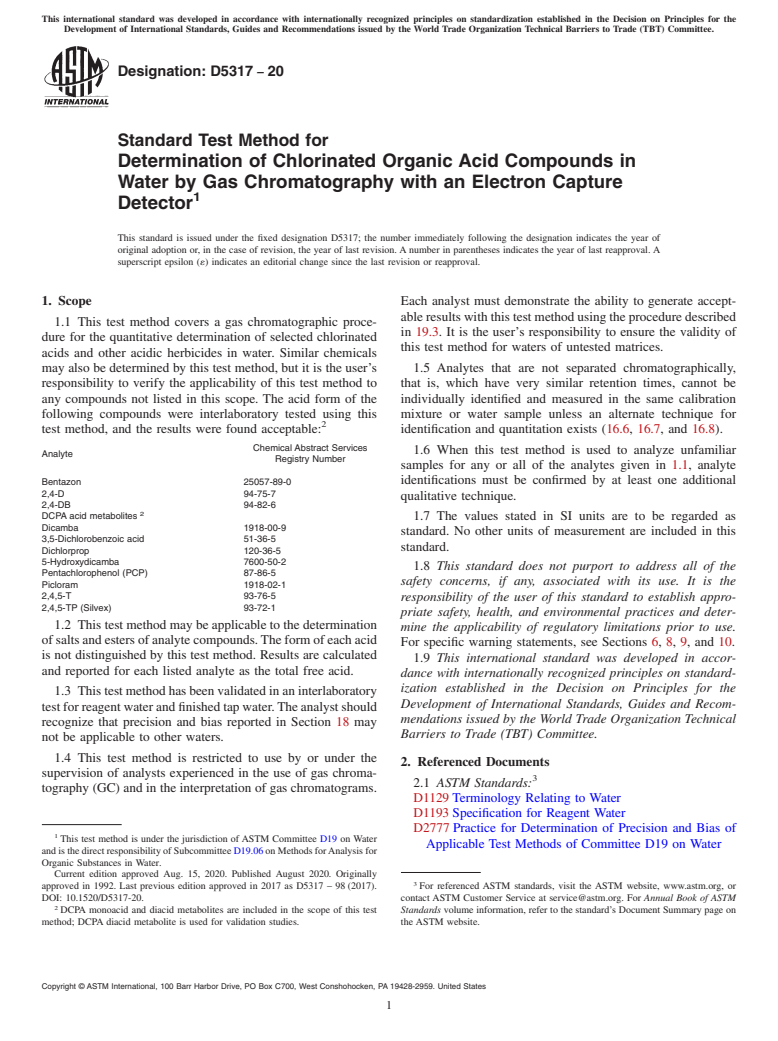 ASTM D5317-20 - Standard Test Method for  Determination of Chlorinated Organic Acid Compounds in Water  by Gas Chromatography with an Electron Capture Detector