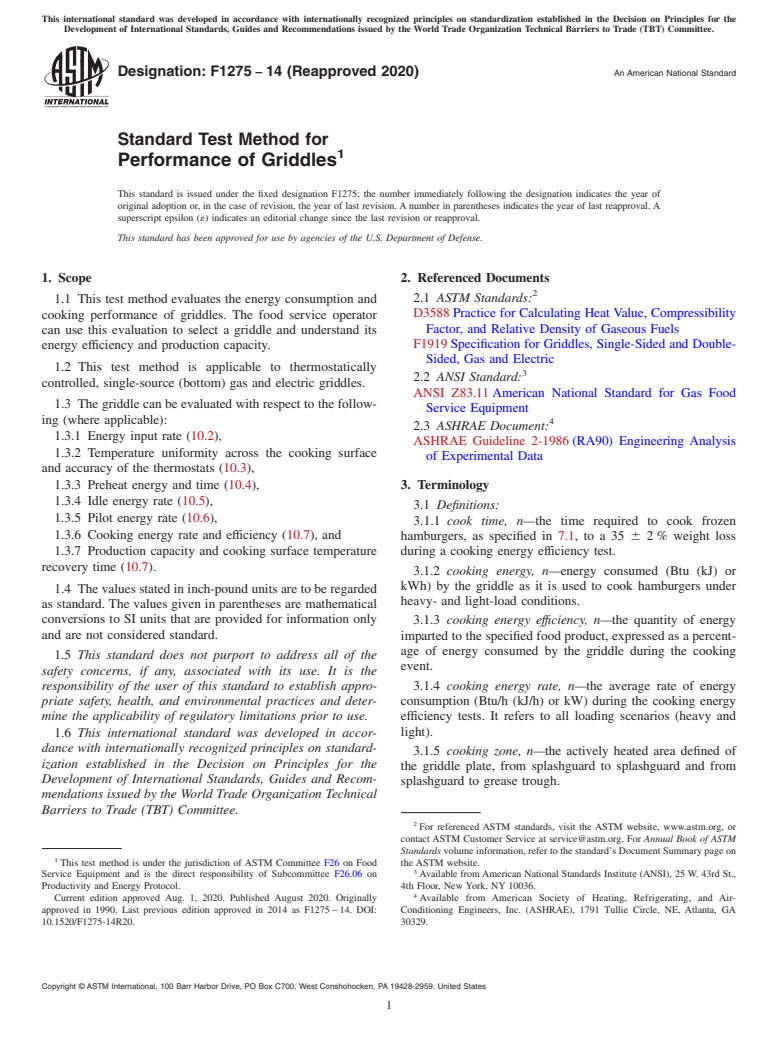 ASTM F1275-14(2020) - Standard Test Method for  Performance of Griddles