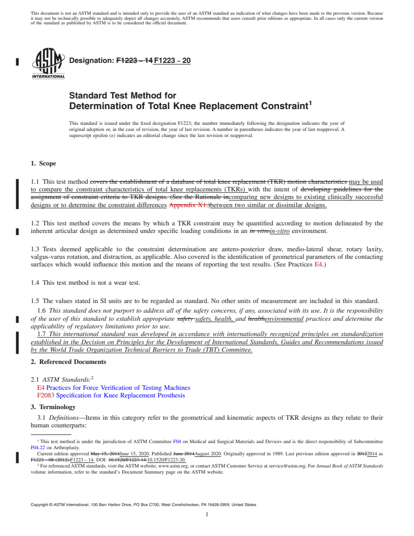 REDLINE ASTM F1223-20 - Standard Test Method for Determination of Total Knee Replacement Constraint