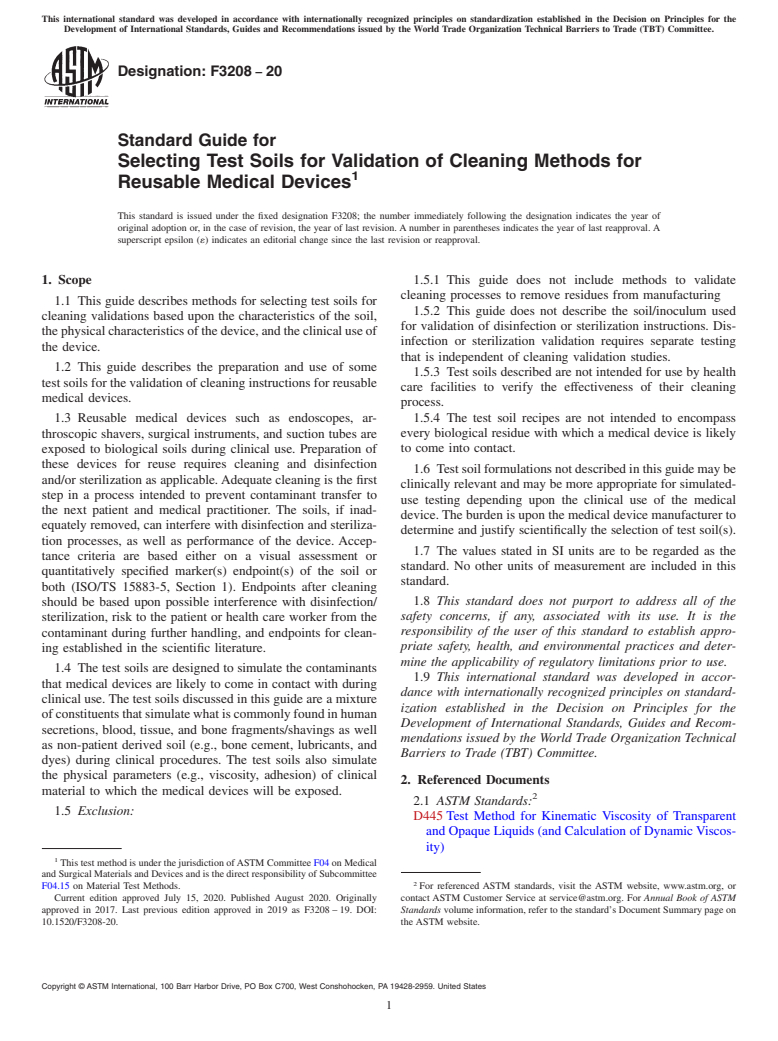 ASTM F3208-20 - Standard Guide for Selecting Test Soils for Validation of Cleaning Methods for  Reusable Medical Devices