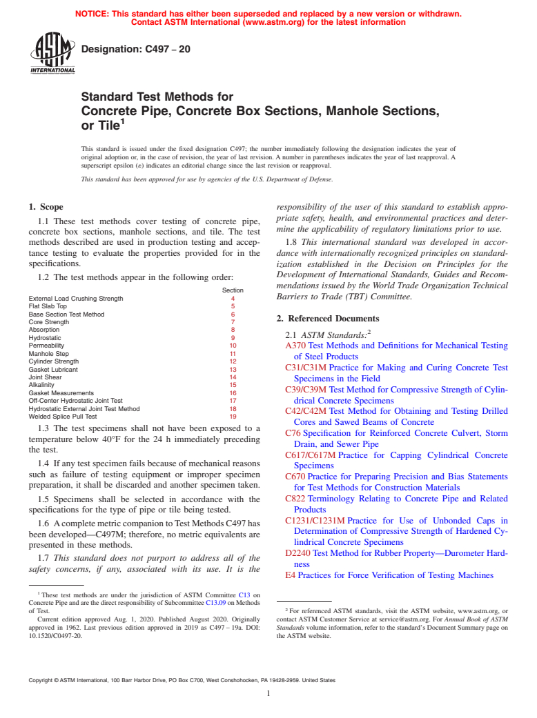 ASTM C497-20 - Standard Test Methods for Concrete Pipe, Concrete Box Sections, Manhole Sections, or  Tile