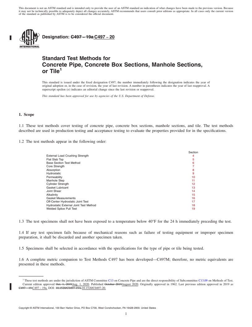 REDLINE ASTM C497-20 - Standard Test Methods for Concrete Pipe, Concrete Box Sections, Manhole Sections, or  Tile