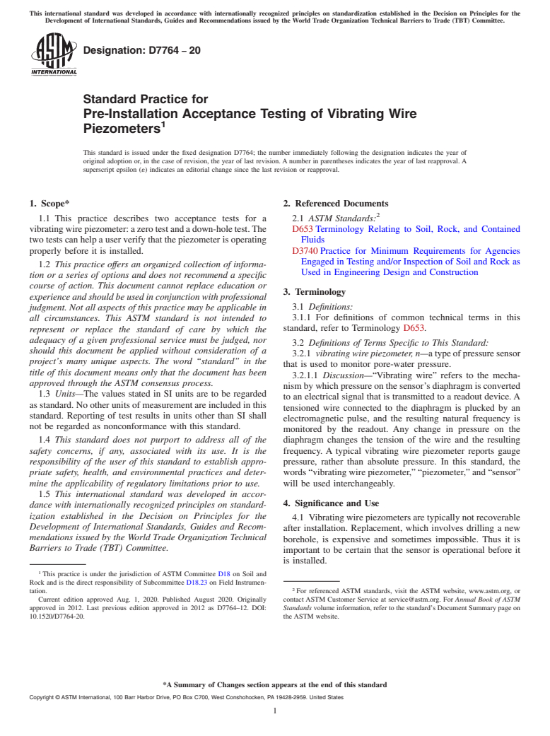 ASTM D7764-20 - Standard Practice for  Pre-Installation Acceptance Testing of Vibrating Wire Piezometers