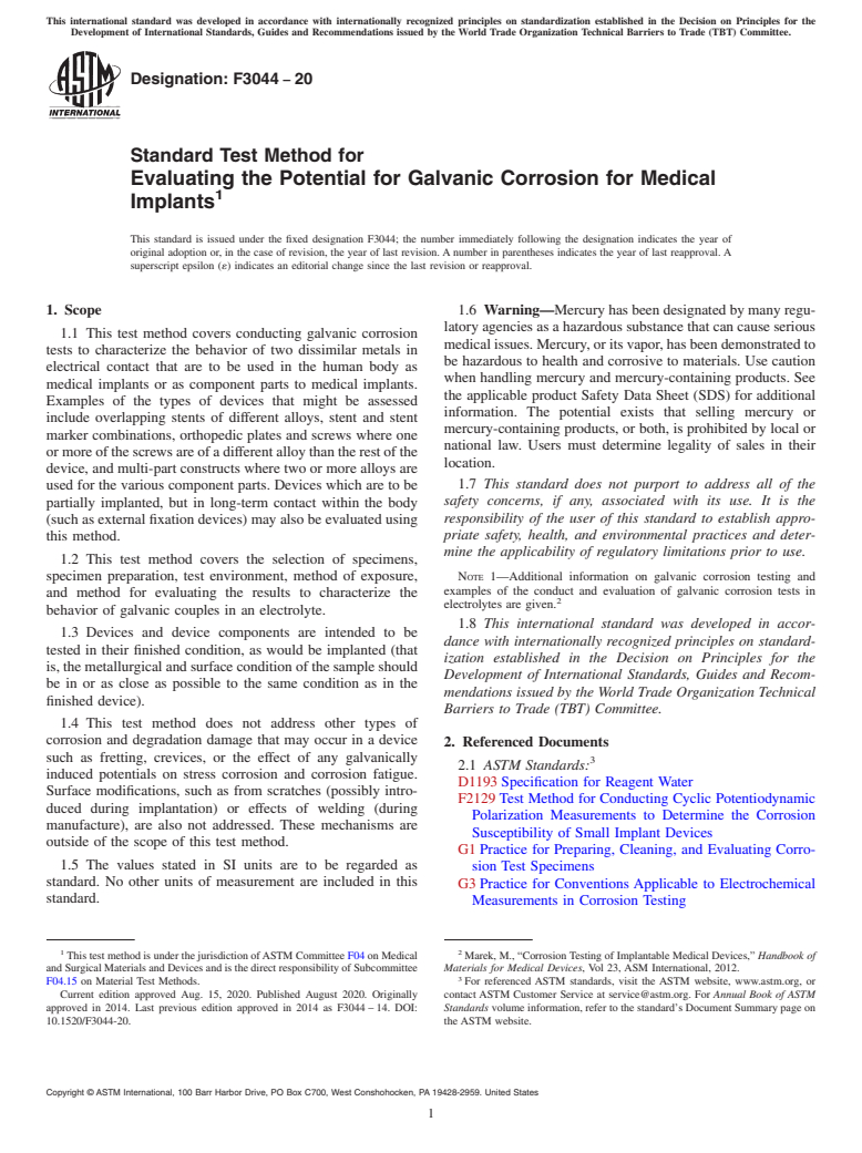 ASTM F3044-20 - Standard Test Method for Evaluating the Potential for Galvanic Corrosion for Medical  Implants