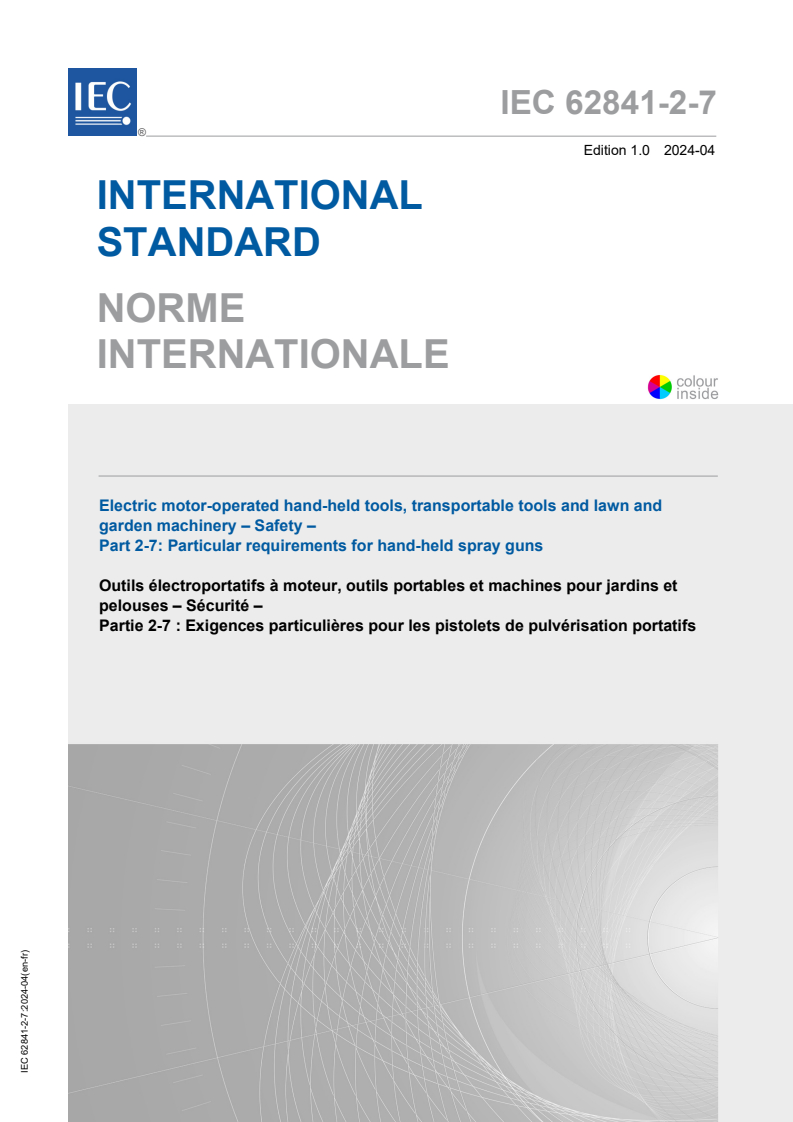 IEC 62841-2-7:2024 - Electric motor-operated hand-held tools, transportable tools and lawn and garden machinery - Safety - Part 2-7: Particular requirements for hand-held spray guns
Released:4/29/2024
Isbn:9782832288245