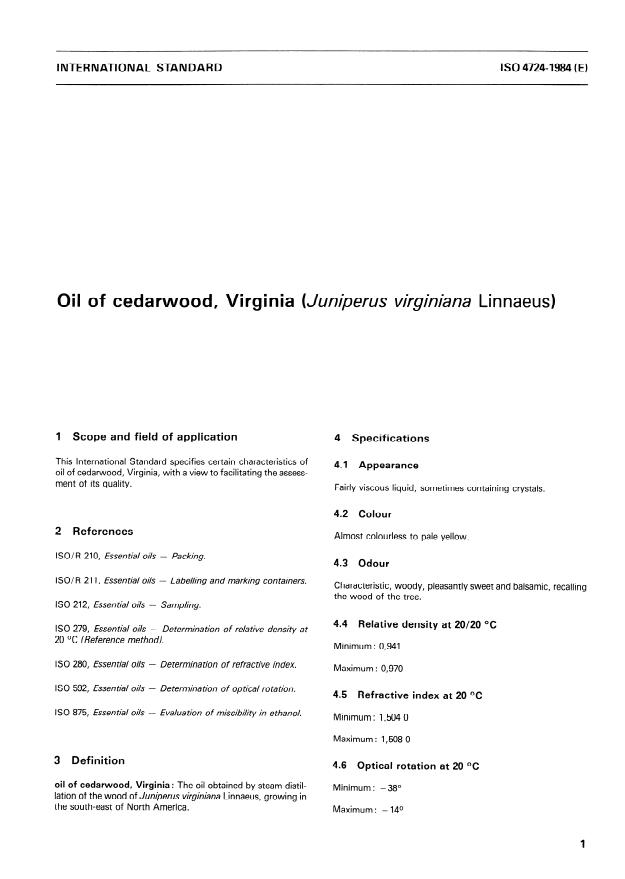 ISO 4724:1984 - Oil of cedarwood, Virginia (Juniperus virginiana Linnaeus)