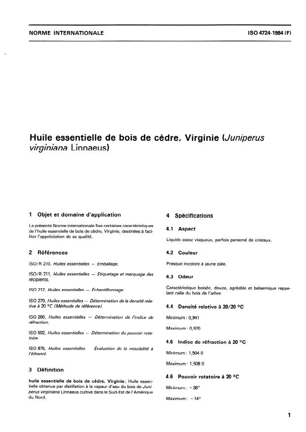 ISO 4724:1984 - Huile essentielle de bois de cedre, Virginie (Juniperus virginiana Linnaeus)