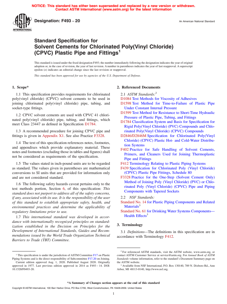 ASTM F493-20 - Standard Specification for  Solvent Cements for Chlorinated Poly(Vinyl Chloride) (CPVC)   Plastic Pipe and Fittings
