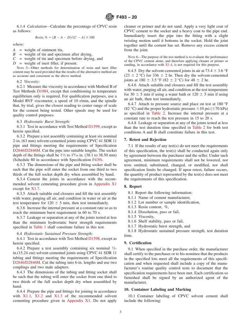 ASTM F493-20 - Standard Specification for  Solvent Cements for Chlorinated Poly(Vinyl Chloride) (CPVC)   Plastic Pipe and Fittings