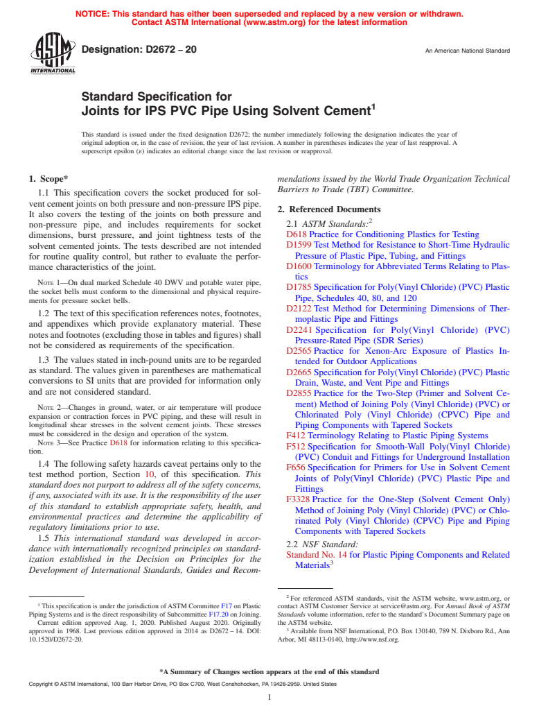 ASTM D2672-20 - Standard Specification for  Joints for IPS PVC Pipe Using Solvent Cement