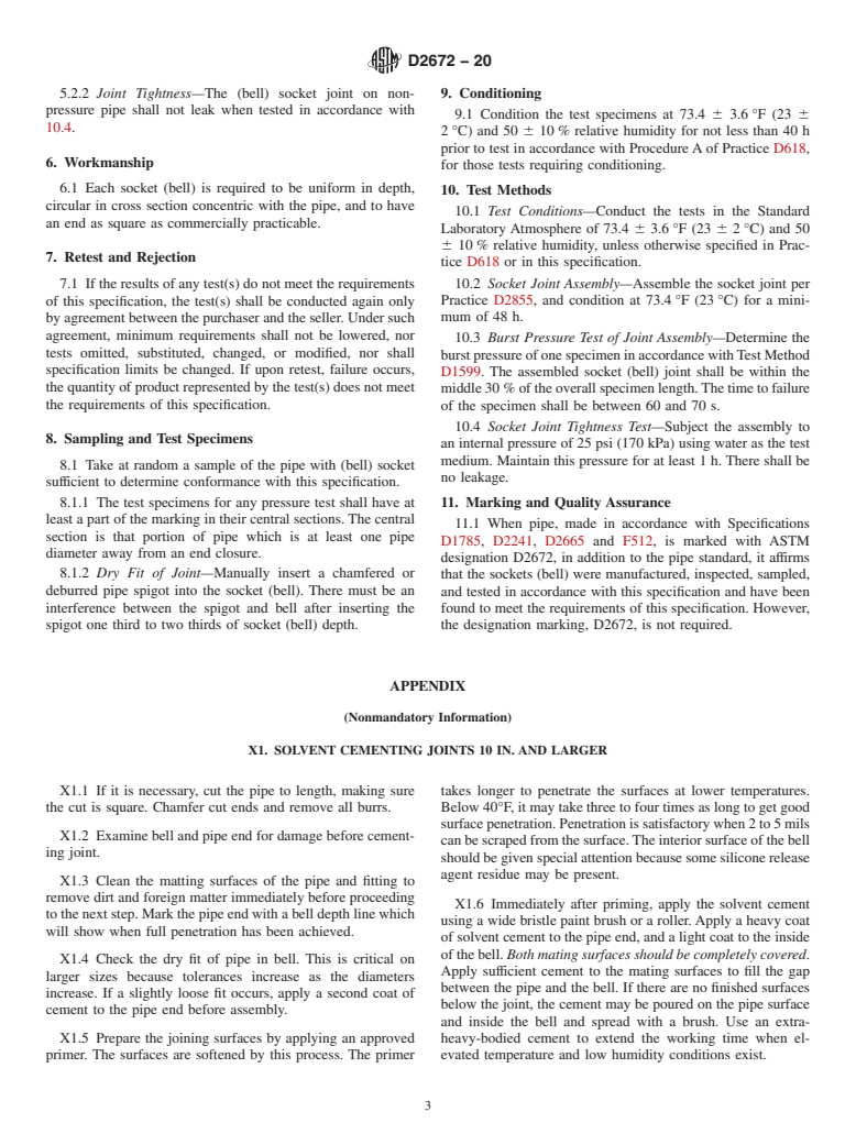 ASTM D2672-20 - Standard Specification for  Joints for IPS PVC Pipe Using Solvent Cement