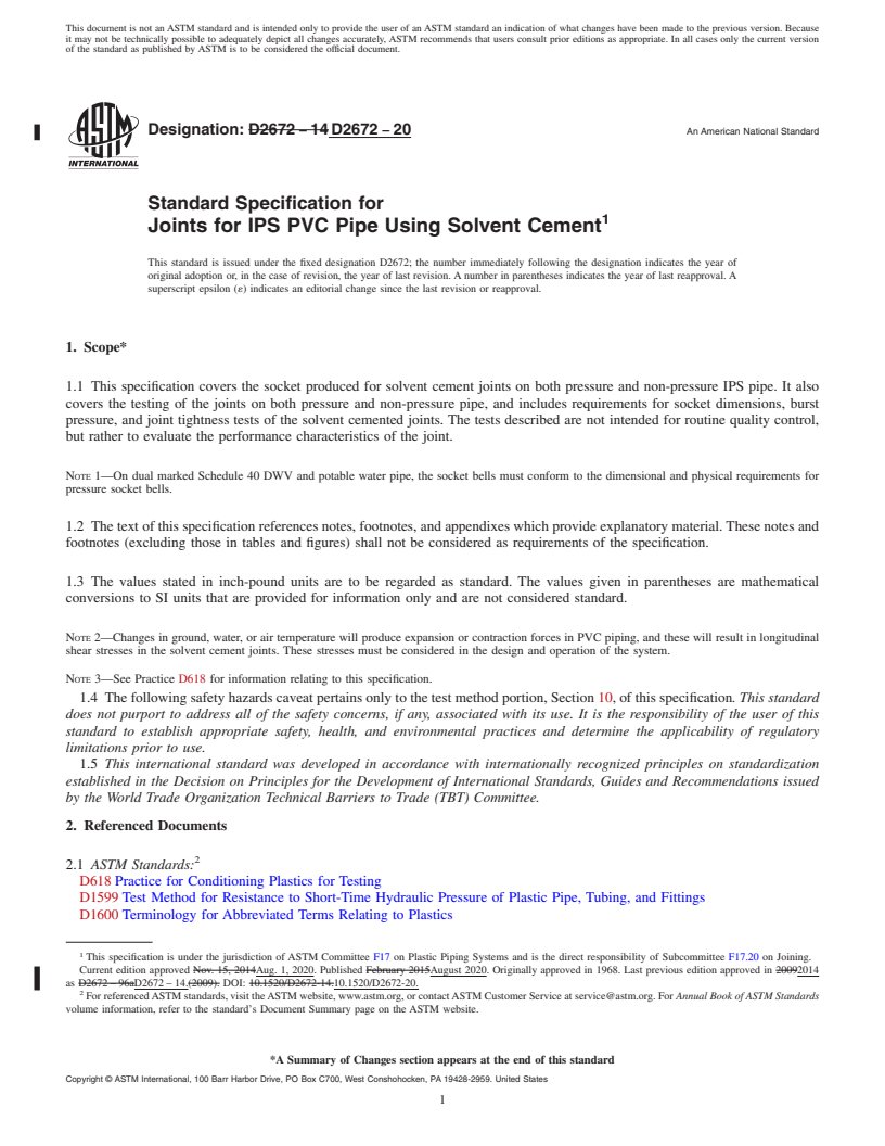 REDLINE ASTM D2672-20 - Standard Specification for  Joints for IPS PVC Pipe Using Solvent Cement