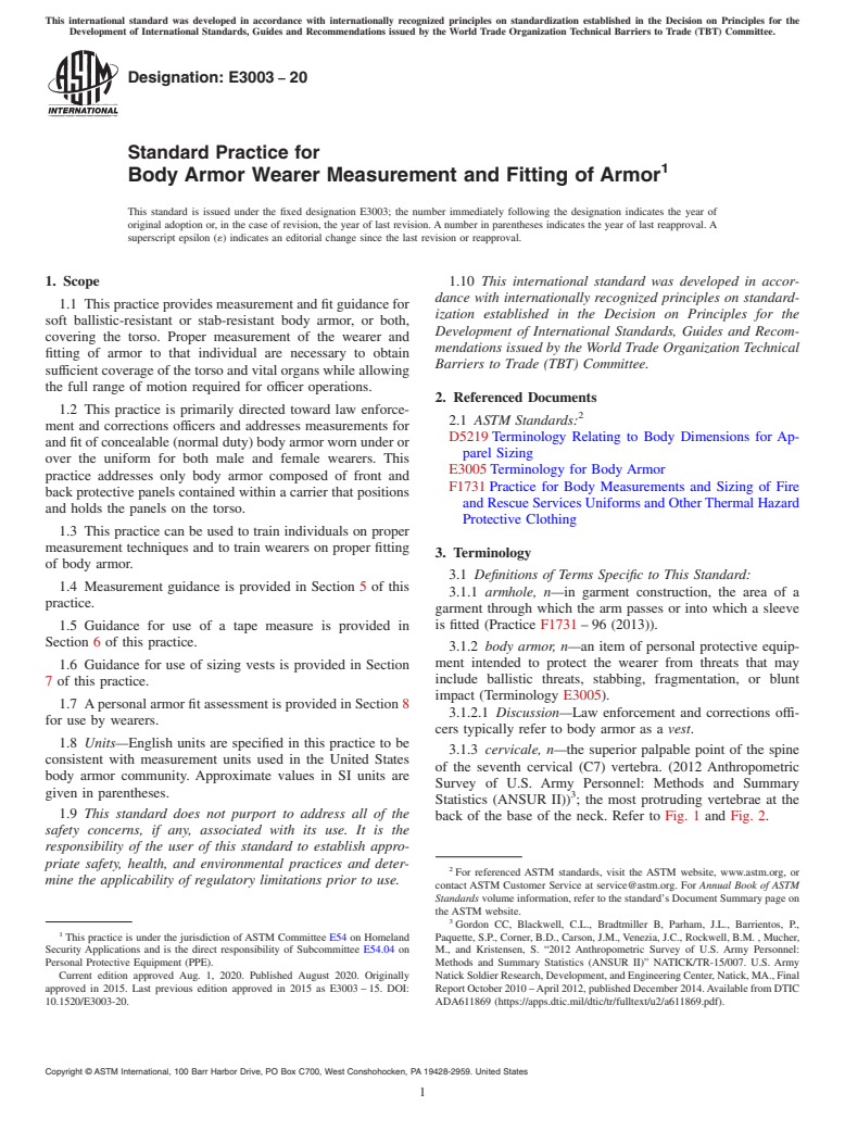 ASTM E3003-20 - Standard Practice for Body Armor Wearer Measurement and Fitting of Armor