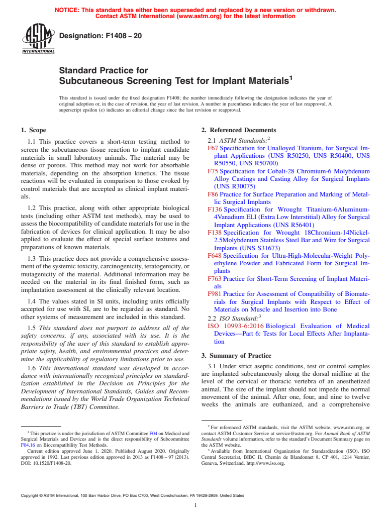 ASTM F1408-20 - Standard Practice for  Subcutaneous Screening Test for Implant Materials
