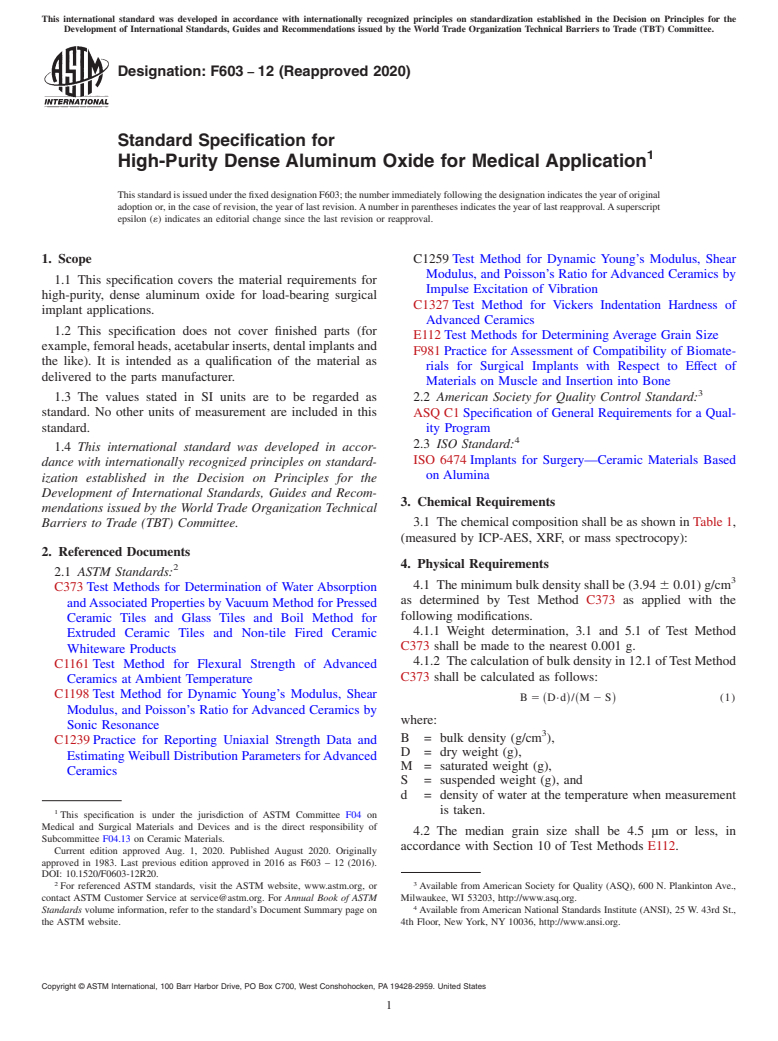 ASTM F603-12(2020) - Standard Specification for High-Purity Dense Aluminum Oxide for Medical Application