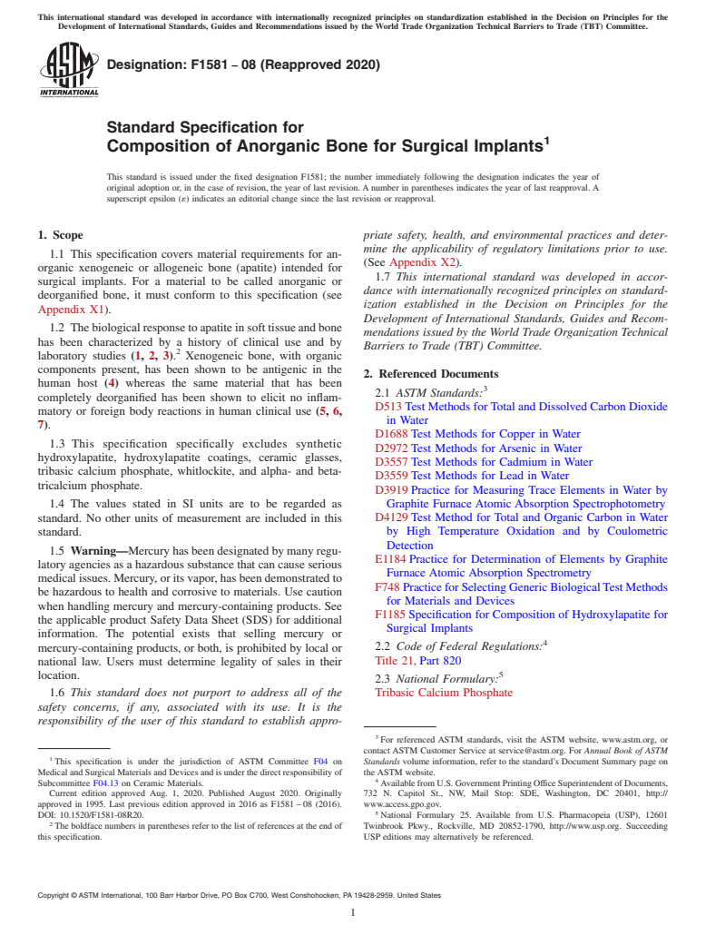 ASTM F1581-08(2020) - Standard Specification for Composition of Anorganic Bone for Surgical Implants