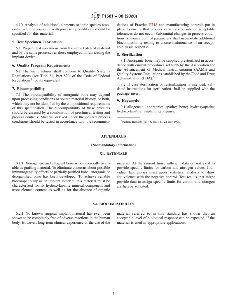 ASTM F1581-08(2020) - Standard Specification for Composition of Anorganic Bone for Surgical Implants