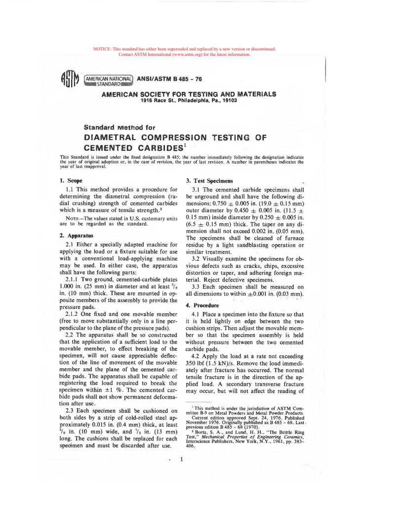 ASTM B485-76 - Method for Diametral Compression Testing of Cemented Carbides (Withdrawn 1983)