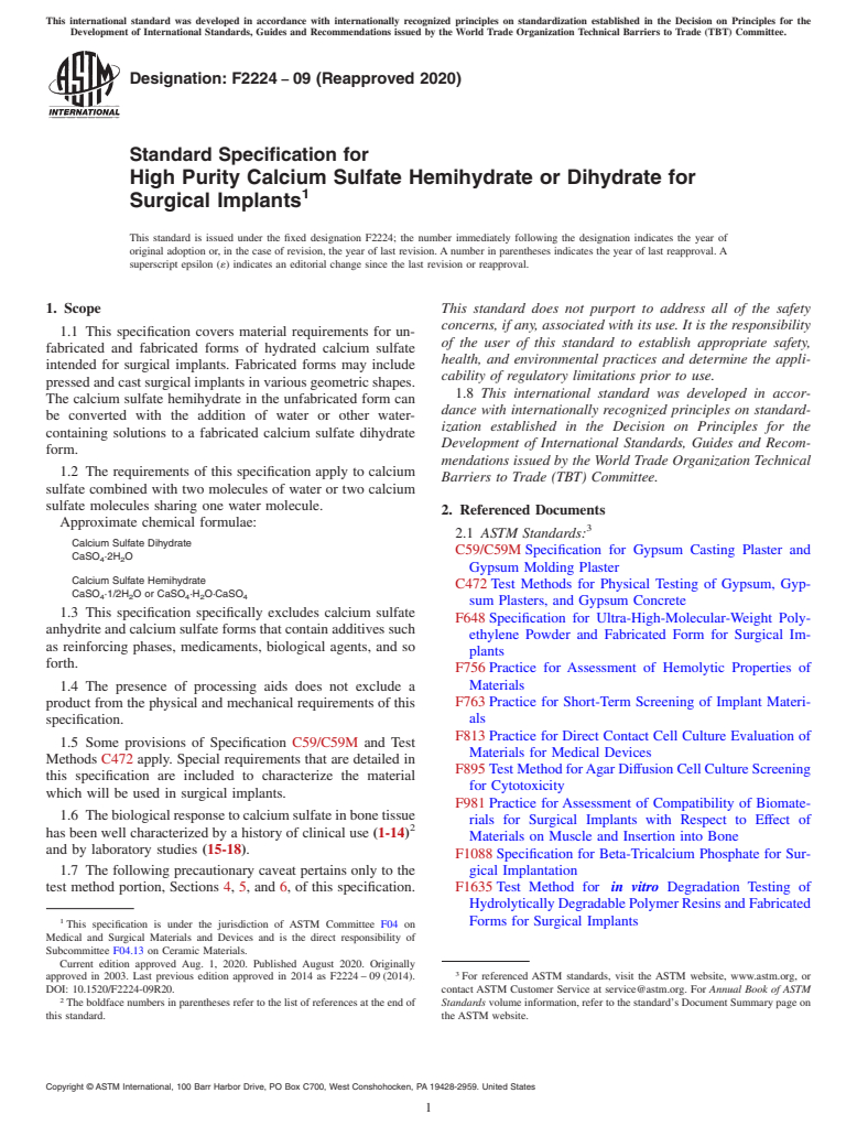 ASTM F2224-09(2020) - Standard Specification for High Purity Calcium Sulfate Hemihydrate or Dihydrate for Surgical  Implants