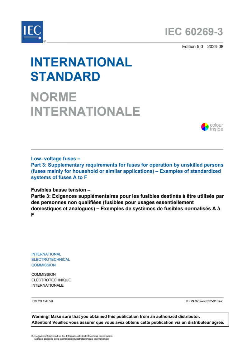 IEC 60269-3:2024 - Low-voltage fuses - Part 3: Supplementary requirements for fuses for operation by unskilled persons (fuses mainly for household and similar applications) - Examples of standardized systems of fuses A to F
Released:9. 08. 2024
Isbn:9782832291078