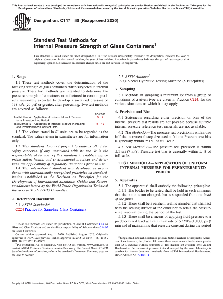 ASTM C147-86(2020) - Standard Test Methods for  Internal Pressure Strength of Glass Containers