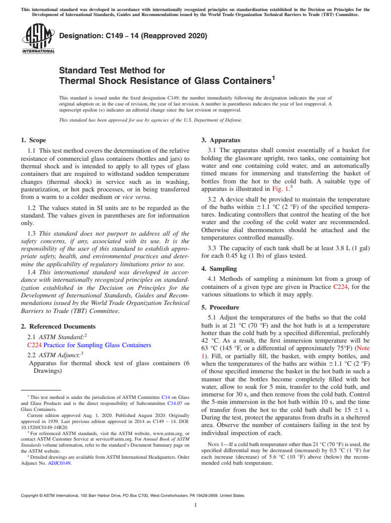 ASTM C149-14(2020) - Standard Test Method for  Thermal Shock Resistance of Glass Containers