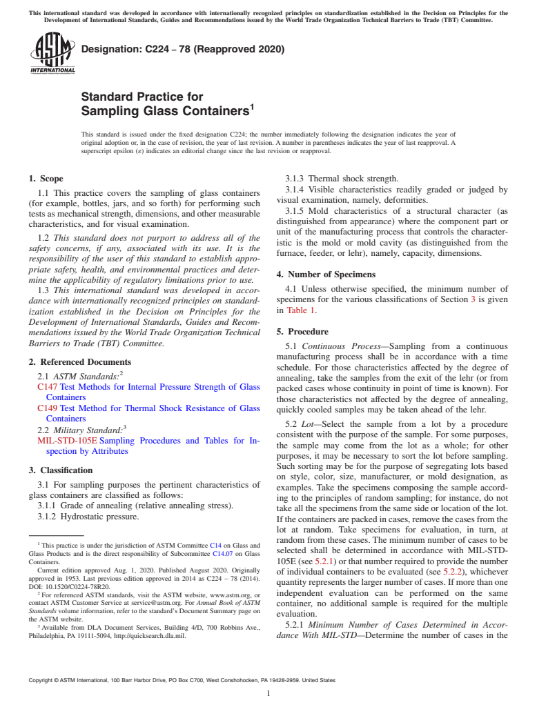 ASTM C224-78(2020) - Standard Practice for  Sampling Glass Containers