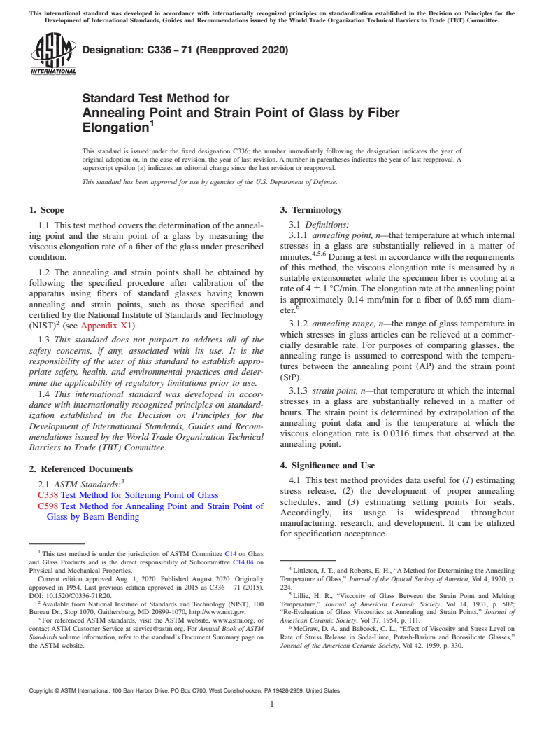 ASTM C336-71(2020) - Standard Test Method for  Annealing Point and Strain Point of Glass by Fiber Elongation