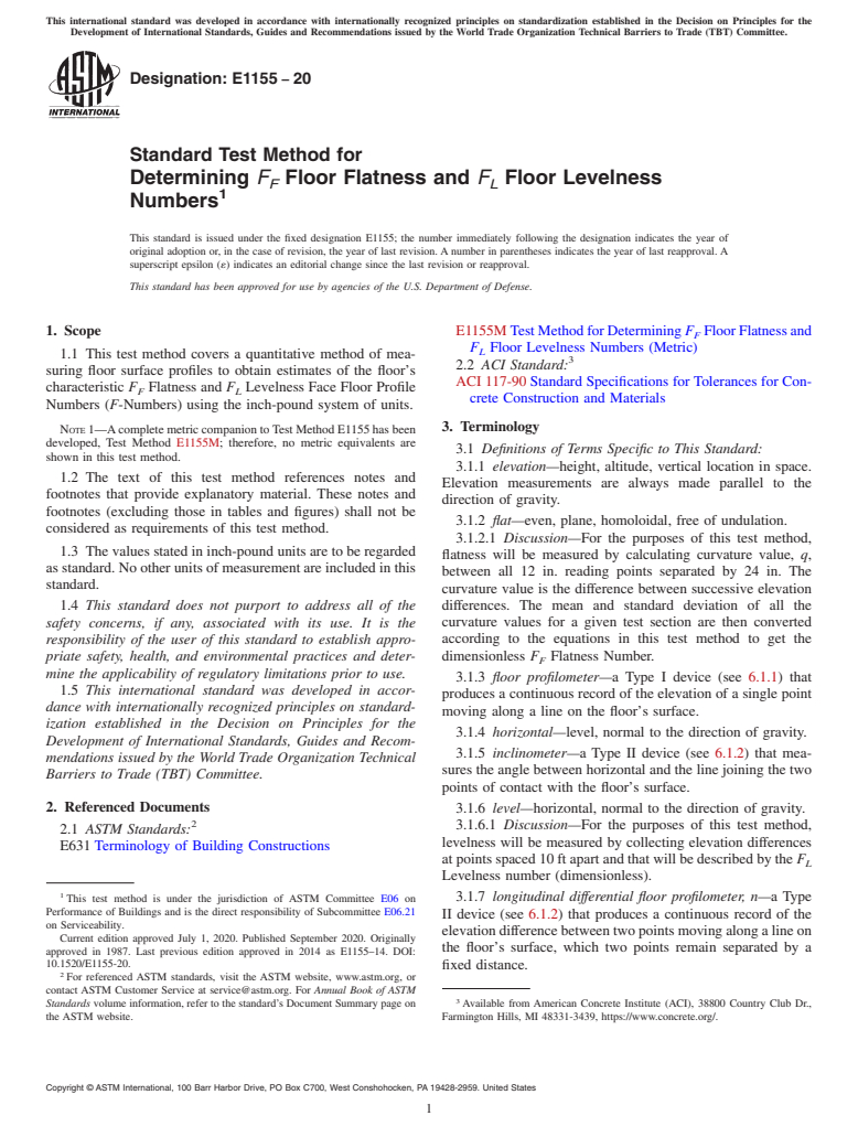 ASTM E1155-20 - Standard Test Method for Determining <emph type="ital">F<inf>F</inf></emph> Floor Flatness  and <emph type="ital">F<inf>L</inf></emph> Floor Levelness Numbers