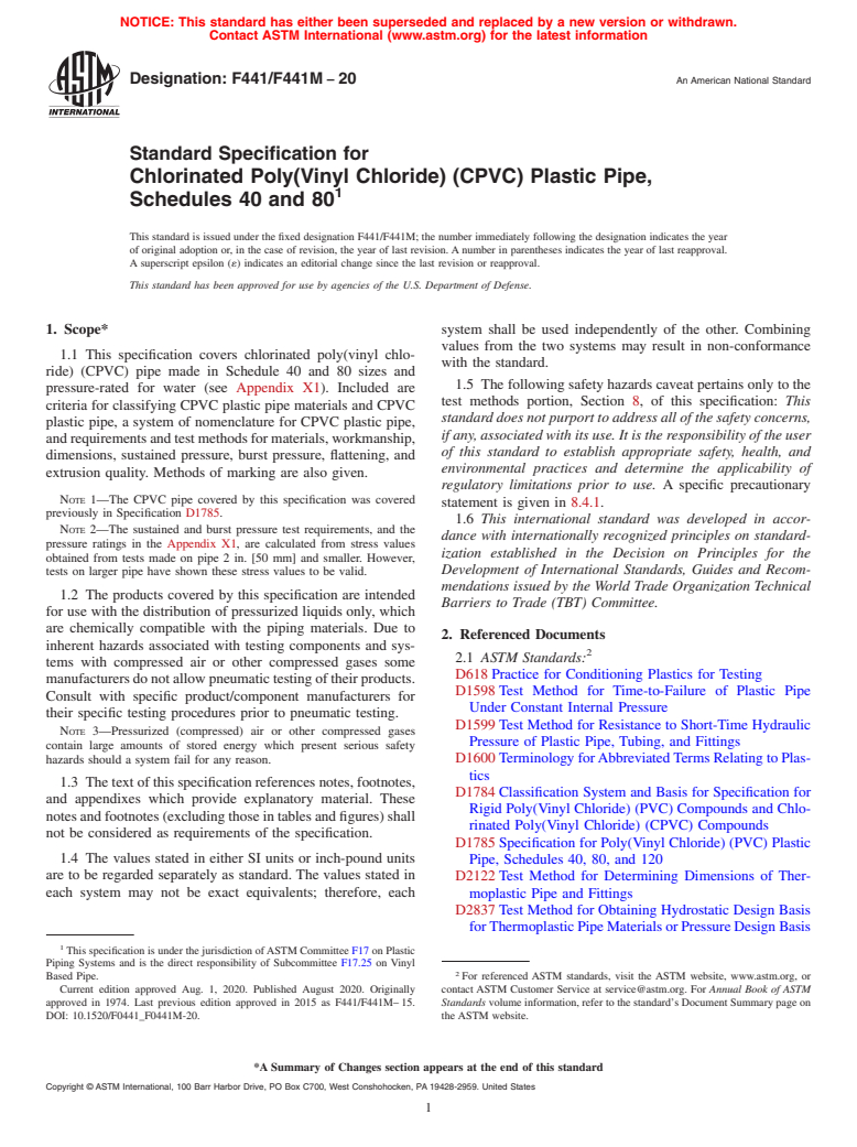 ASTM F441/F441M-20 - Standard Specification for  Chlorinated Poly(Vinyl Chloride) (CPVC) Plastic Pipe, Schedules  40 and 80