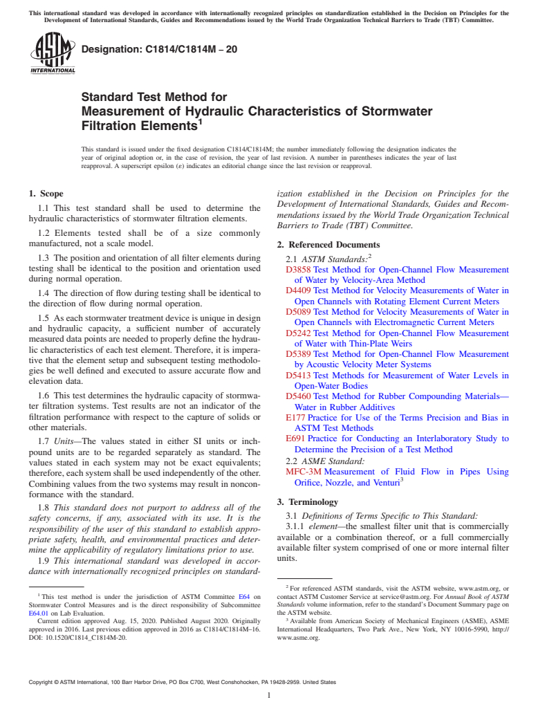 ASTM C1814/C1814M-20 - Standard Test Method for Measurement of Hydraulic Characteristics of Stormwater Filtration  Elements
