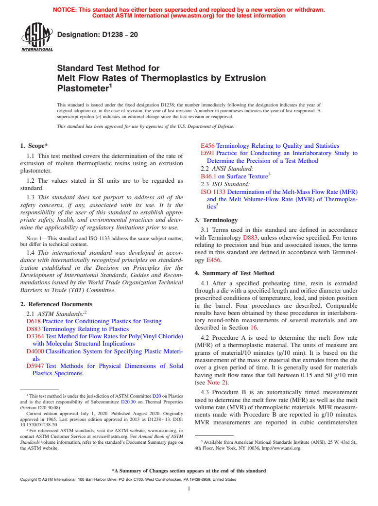 ASTM D1238-20 - Standard Test Method for  Melt Flow Rates of Thermoplastics by Extrusion Plastometer