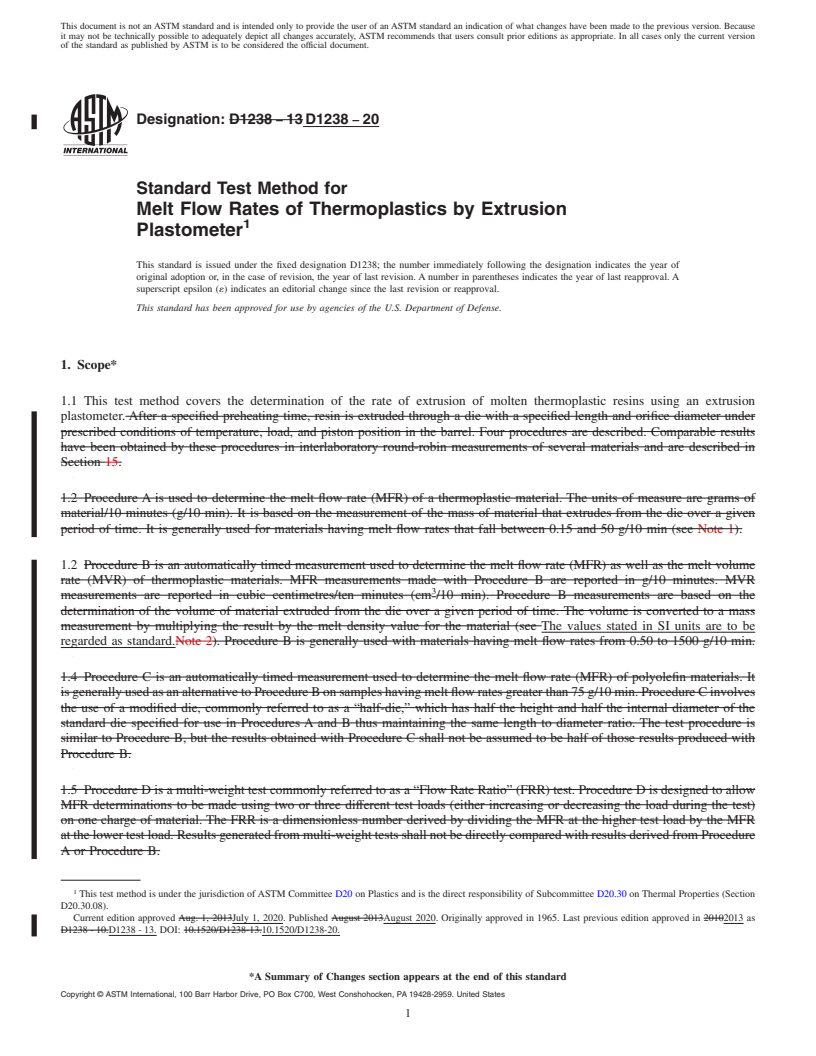 REDLINE ASTM D1238-20 - Standard Test Method for  Melt Flow Rates of Thermoplastics by Extrusion Plastometer