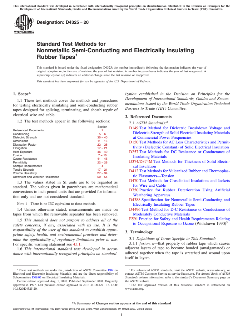 ASTM D4325-20 - Standard Test Methods for  Nonmetallic Semi-Conducting and Electrically Insulating Rubber   Tapes