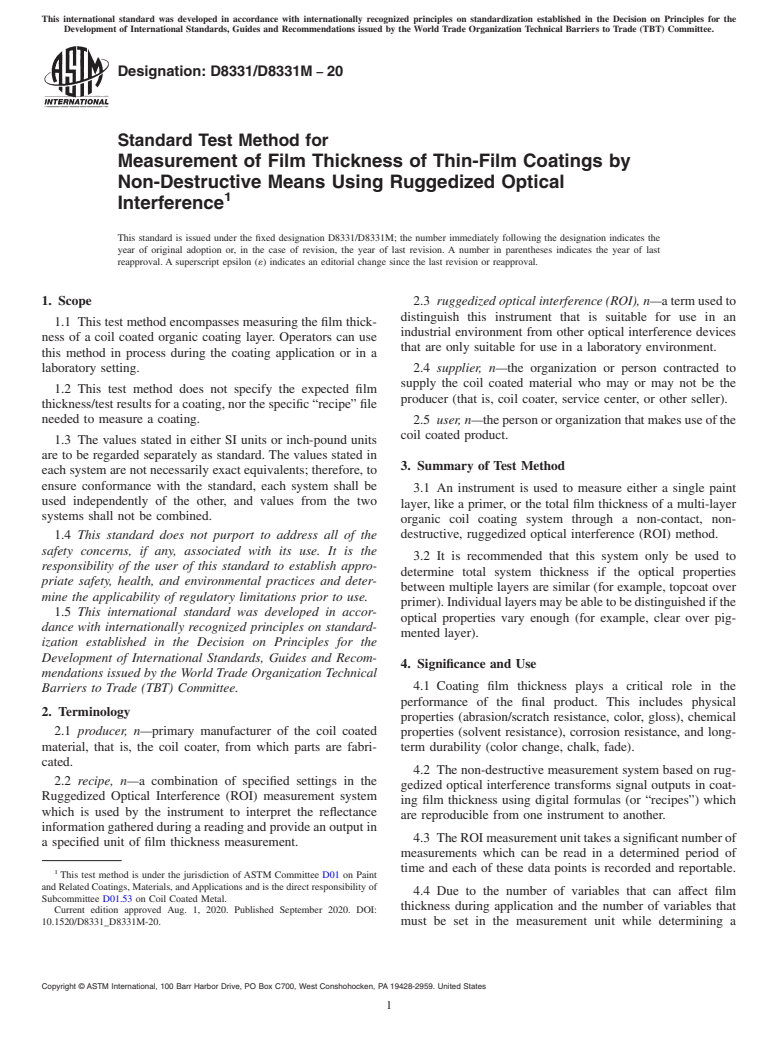 ASTM D8331/D8331M-20 - Standard Test Method for Measurement of Film Thickness of Thin-Film Coatings by Non-Destructive  Means Using Ruggedized Optical Interference