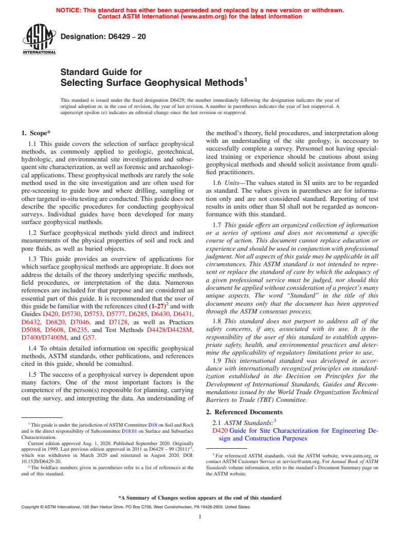 ASTM D6429-20 - Standard Guide for  Selecting Surface Geophysical Methods