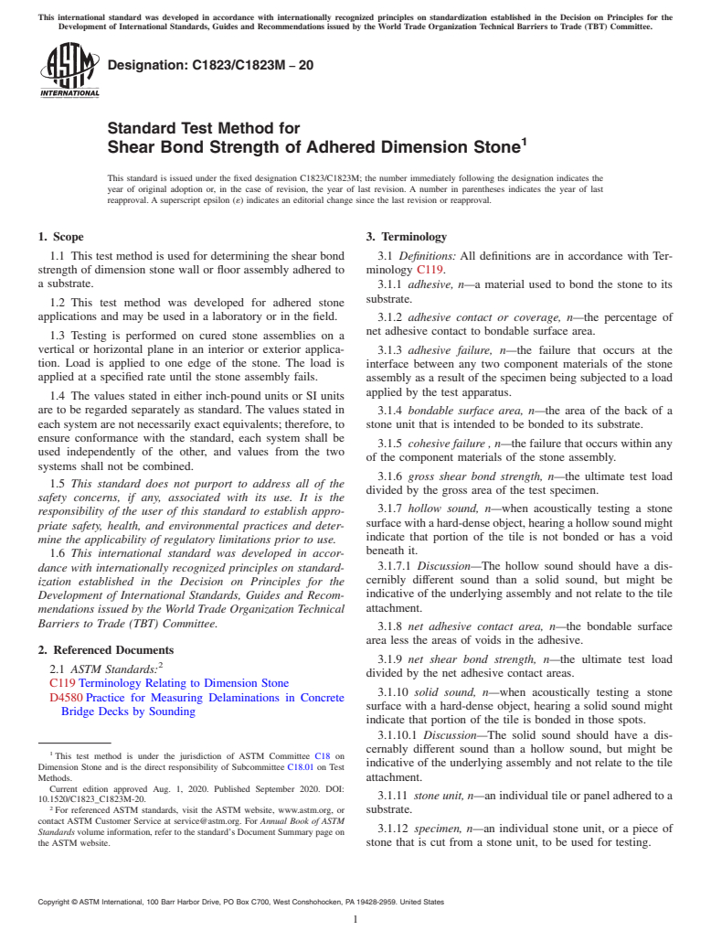 ASTM C1823/C1823M-20 - Standard Test Method for Shear Bond Strength of Adhered Dimension Stone