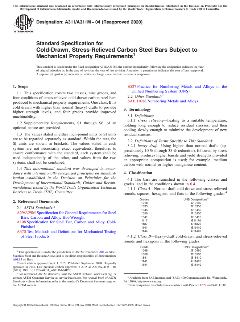 ASTM A311/A311M-04(2020) - Standard Specification for Cold-Drawn, Stress-Relieved Carbon Steel Bars Subject to Mechanical  Property Requirements