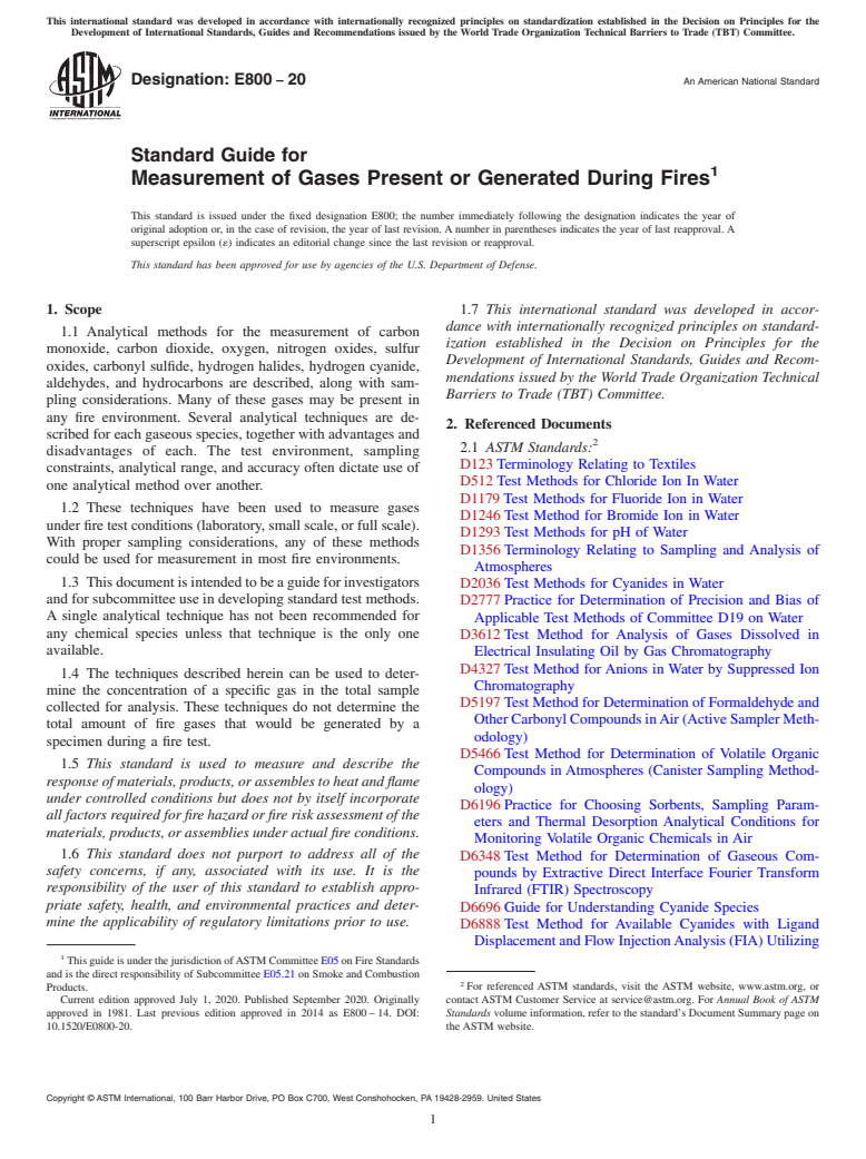 ASTM E800-20 - Standard Guide for  Measurement of Gases Present or Generated During Fires