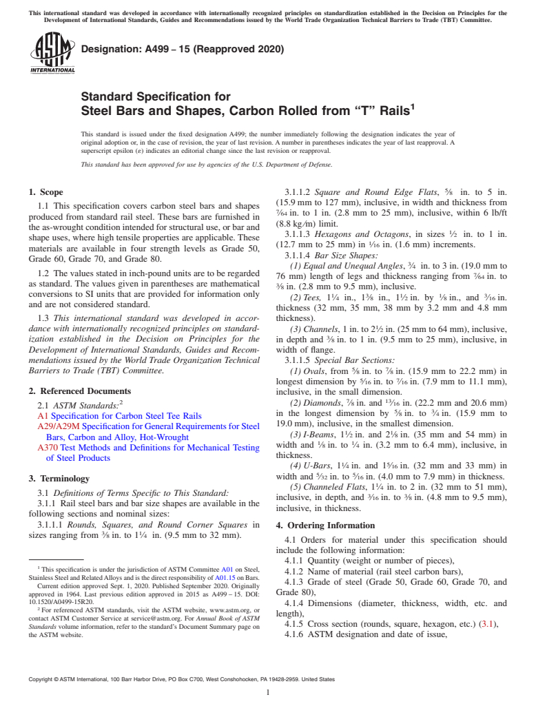 ASTM A499-15(2020) - Standard Specification for Steel Bars and Shapes, Carbon Rolled from &#x201c;T&#x201d;  Rails