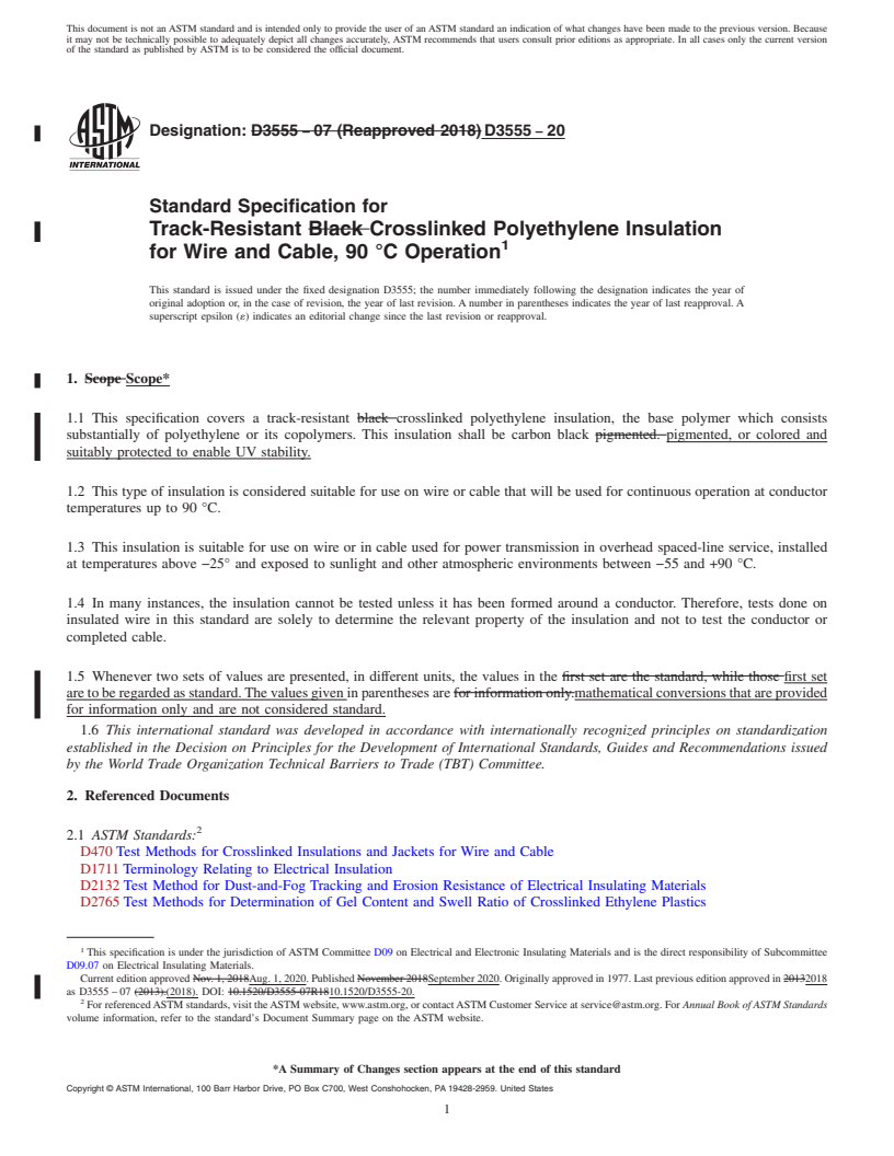 REDLINE ASTM D3555-20 - Standard Specification for  Track-Resistant Crosslinked Polyethylene Insulation for Wire  and Cable, 90 &#xb0;C Operation