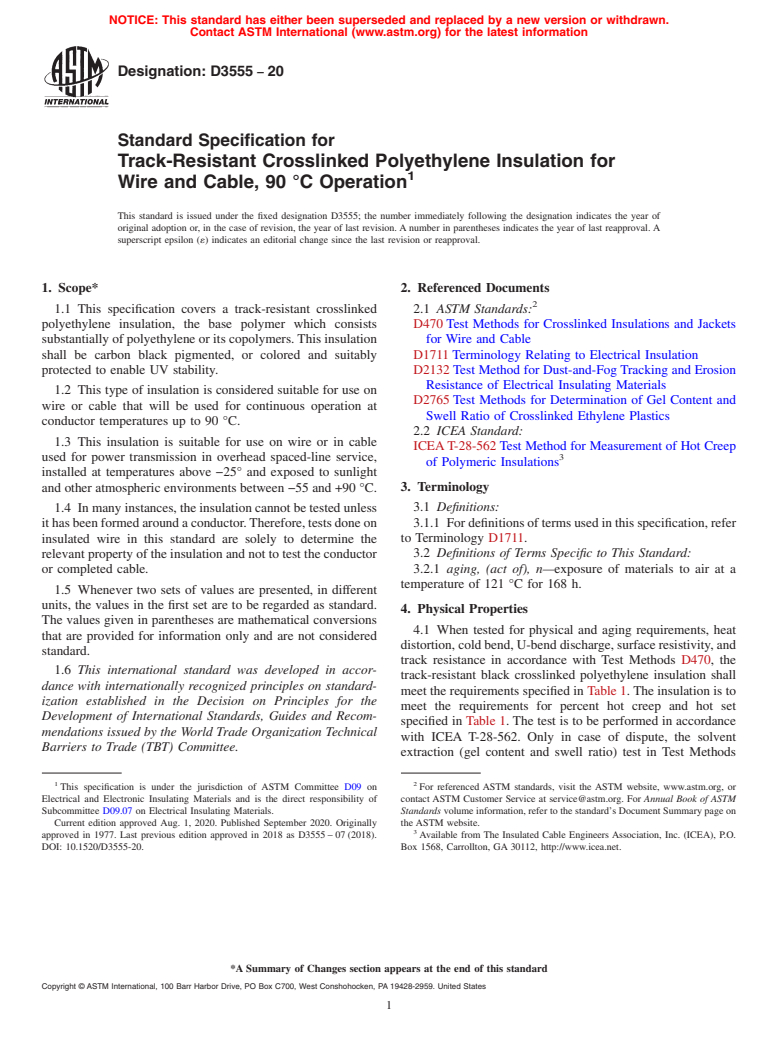 ASTM D3555-20 - Standard Specification for  Track-Resistant Crosslinked Polyethylene Insulation for Wire  and Cable, 90 &#xb0;C Operation