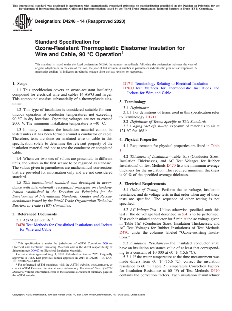 ASTM D4246-14(2020) - Standard Specification for  Ozone-Resistant Thermoplastic Elastomer Insulation for Wire  and Cable, 90&#xa0;&#xb0;C Operation